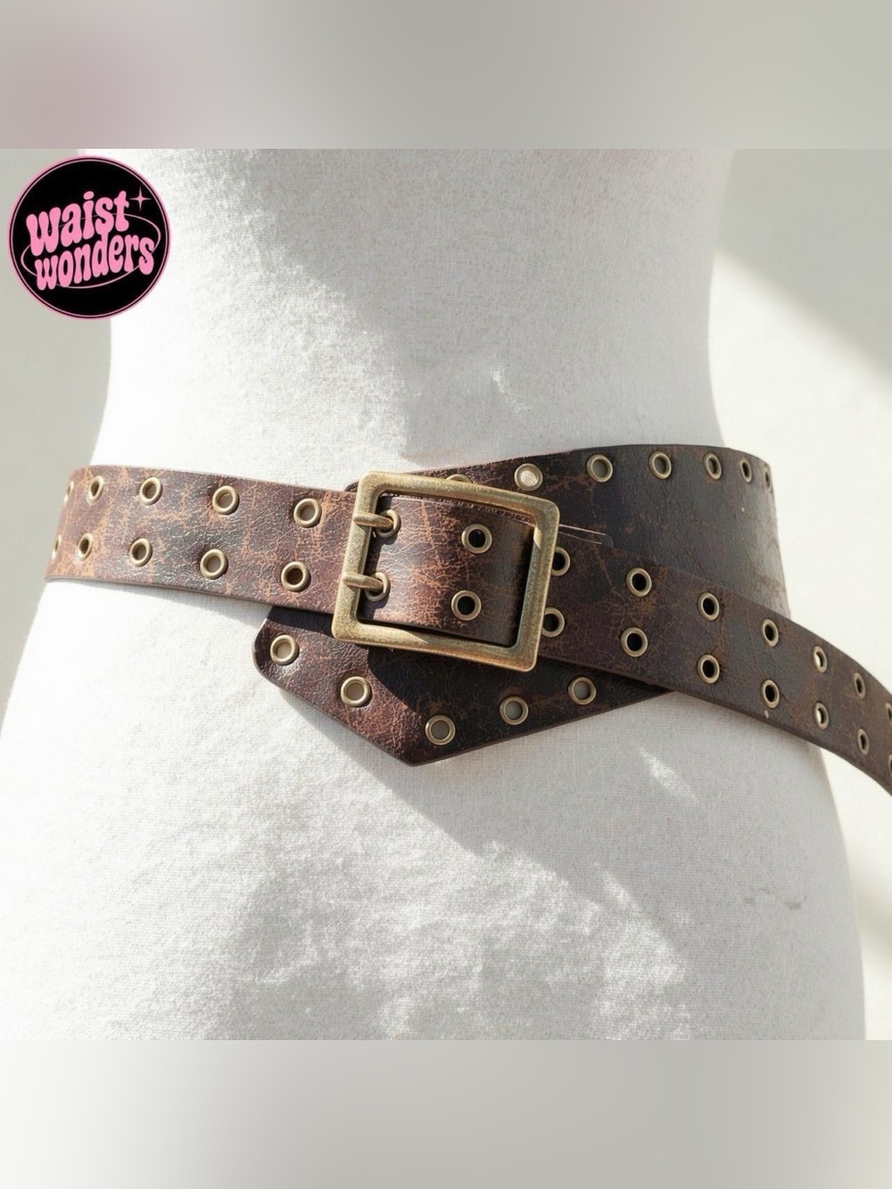 Y2K 2000s style brown leather belt with gold studs